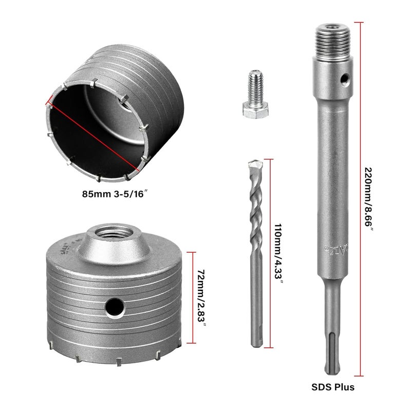 SALI Concrete Hole Saw Kits 3-5/16"（85mm） Tungsten Steel Wall Hole Cutter Drill Bit Sets with 220mm SDS Plus Shank Connecting Rod，110mm Center Positioning Drill Bits for Cinder Block,Brick,Adobe Wall - Image 2